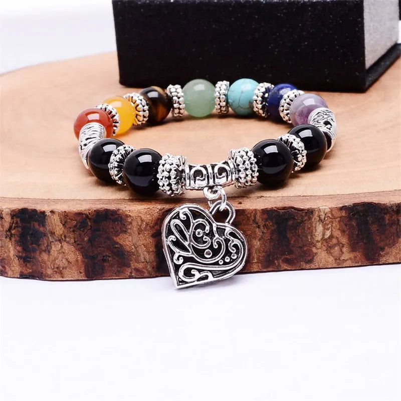 Lgbt 7 Chakra Protection Stone Bead Bracelet:  Rainbow Healing Reiki Prayer Bracelet