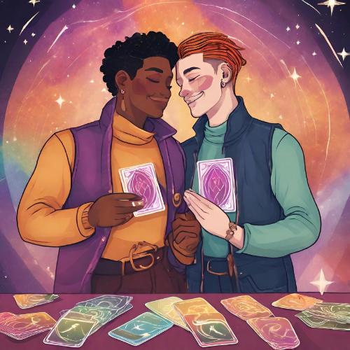 An interracial LGBT couple with sex magic oracle card.